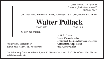 Traueranzeige von Walter Pollack von Pegnitz-Zeitung